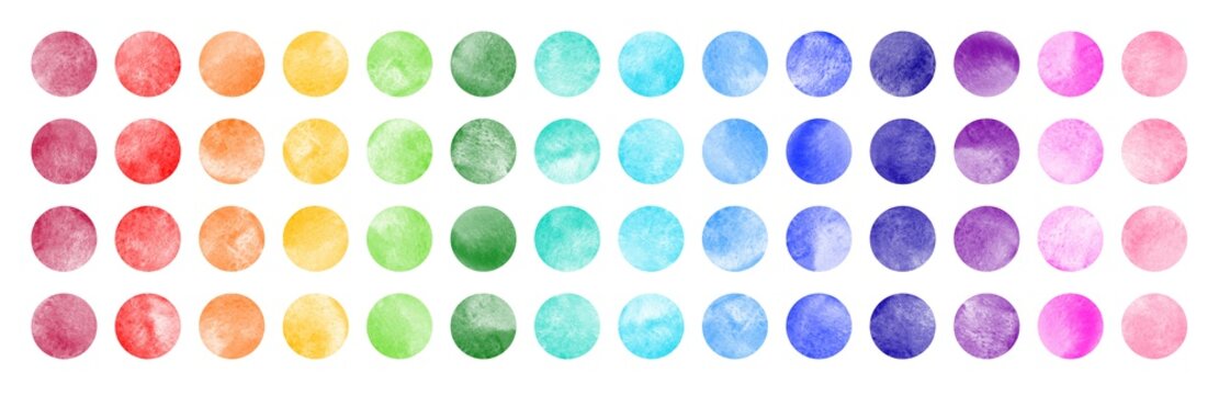 Watercolor circle shape stains, smears collection. Bright rainbow colors brush drawn dot pattern. Colorful watercolour round paint spots set, big dots illustration, design elements. Text background. 
