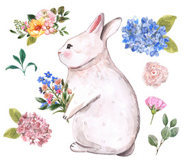 Watercolor Easter bunny illustration. Cute baby rabbit, bright spring flowers, bouquet, green leaf, isolated on white background. Symbols of spring holiday. Floral design elements set