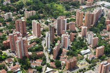 Fototapeta premium Panoramic of Medellin from the air, populated sector