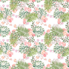 romantic tropical palm leaf greenery english rose pattern seamless aloha romantic modern summer retro