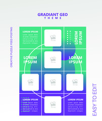 modern social media post feed, instagram feed, blue, pink, orange,  green, fashion,  minimalist.