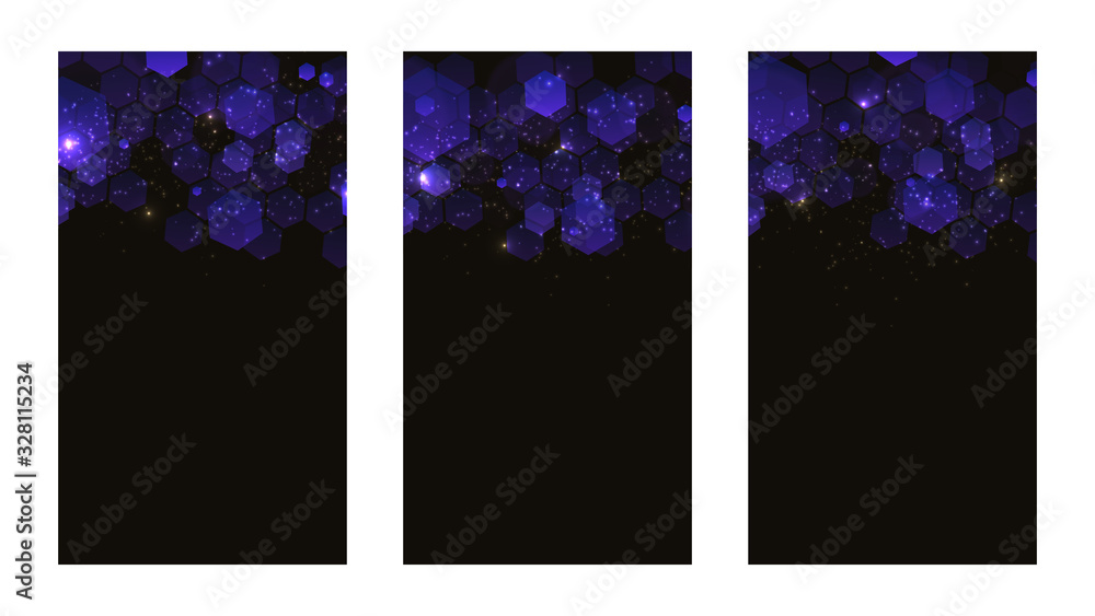 Aufkleber Set of dark background with hexagons for mobile app. Modern dark abstract vector texture. Hexagon pattern. Gradient web ui design. Mobile app interface. Vector illustration layout template design.
