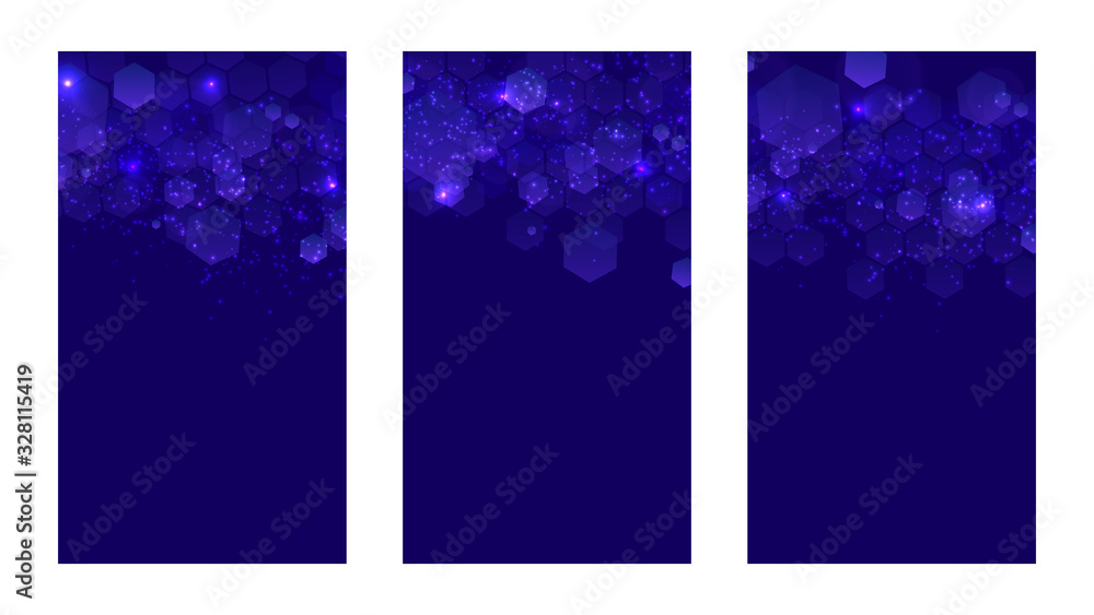 Fototapete Set of dark background with hexagons for mobile app. Modern dark abstract vector texture. Hexagon pattern. Gradient web ui design. Mobile app interface. Vector illustration layout template design.