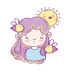 Kawaii girl cartoon with bees and sun vector design