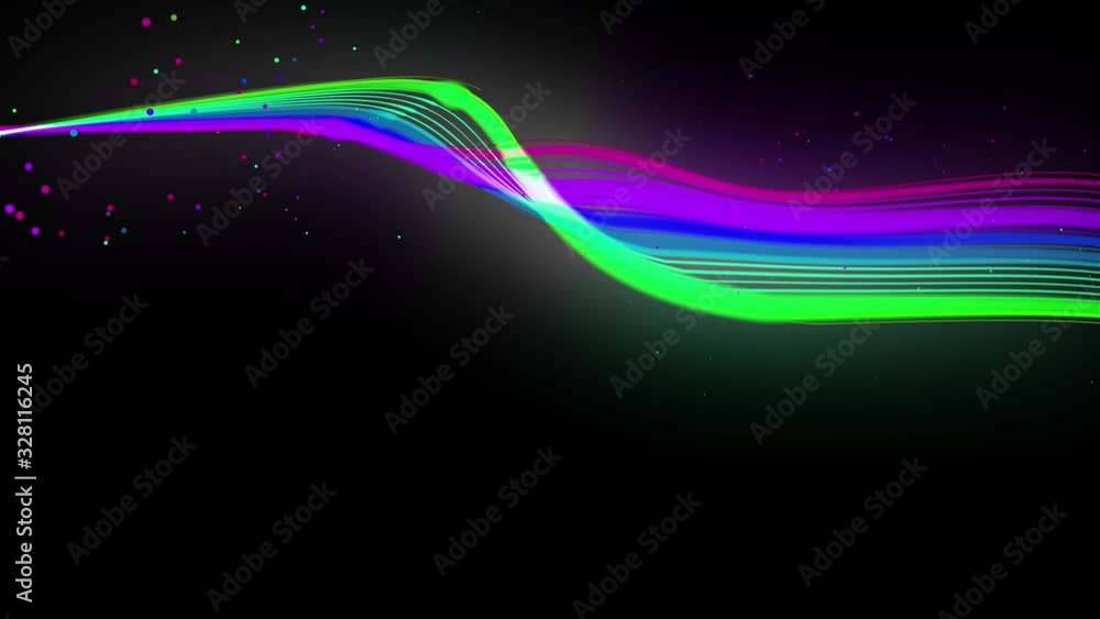 Poster multi-colored neon lines of ribbon fly in the air, smoothly oscillation and wave. lines color change