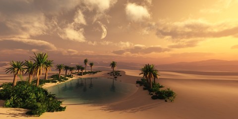 Oasis at sunset in a sandy desert, a panorama of the desert with palm trees, 3d rendering © ustas