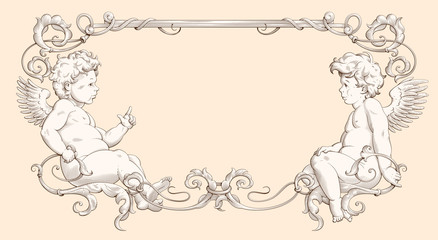 Elegant vintage border frame with cupids for weddings, Valentine`s day and other holidays. Decorative element in the style of vintage engraving with Baroque ornament