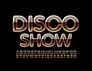 Vector chic Emblem Disco Show. Luxury stylish Font. Unique Alphabet Letters and Numbers. 