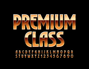 Vector elegant logo Premium Class with Golden Font. Shiny luxury Alphabet Letters and Numbers