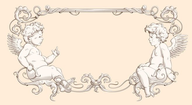 Elegant Vintage Border Frame With Cupids For Weddings, Valentine`s Day And Other Holidays. Decorative Element In The Style Of Vintage Engraving With Baroque Ornament