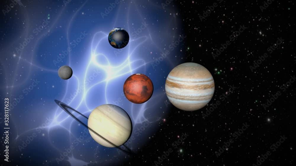 Wall mural parade of planets and a mysterious nebula. 3d rendering
