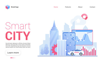 Urban landscape with buildings, smart cars and electronic devices. Smart modern city. Concept website template layout vector illustration