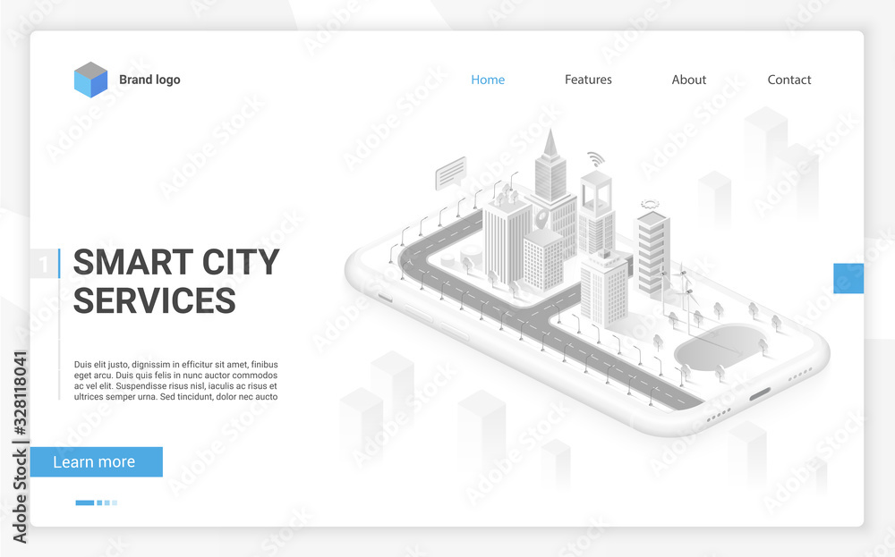 Poster Smart city hologram on smartphone screen with smart services and icons, internet of things, business network and augmented reality isometric website template layout concept vector illustration