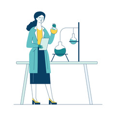 Fototapeta premium Scientist studying chemical reaction. Woman holding flask, lab worker, chemist flat vector illustration. Chemistry, science, experiment concept for banner, website design or landing web page