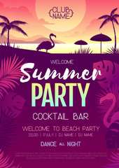 Colorful summer disco party poster with fluorescent tropic leaves and flamingo. Summertime beach background