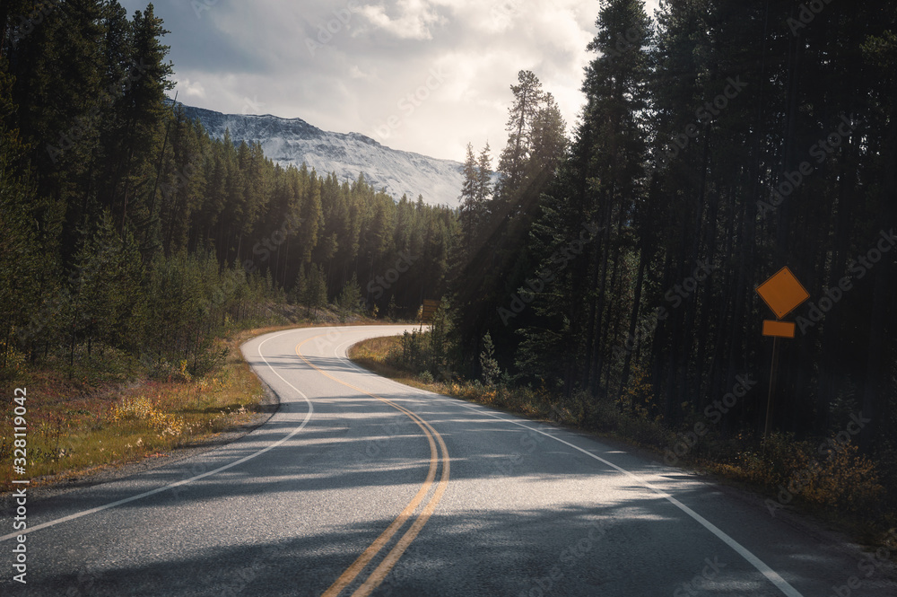 Wall mural Road trip on highway with sunlight through in the forest at Banff national park