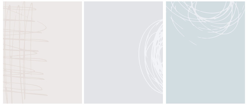 Set o 3 Abstract Geometric Layouts. White Irregular Hand Drawn Scribbles on Gray, Beige and Light Blue Backgrounds. Funny Simple Creative Design. Infantile Style Geometric Design.