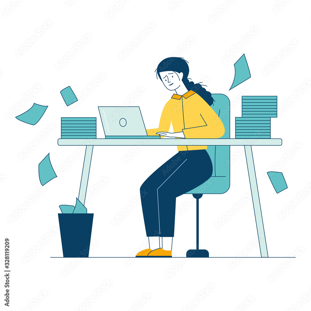 Poster stressed accountant working with stacks of reports. employee with piles of documents holding head fl