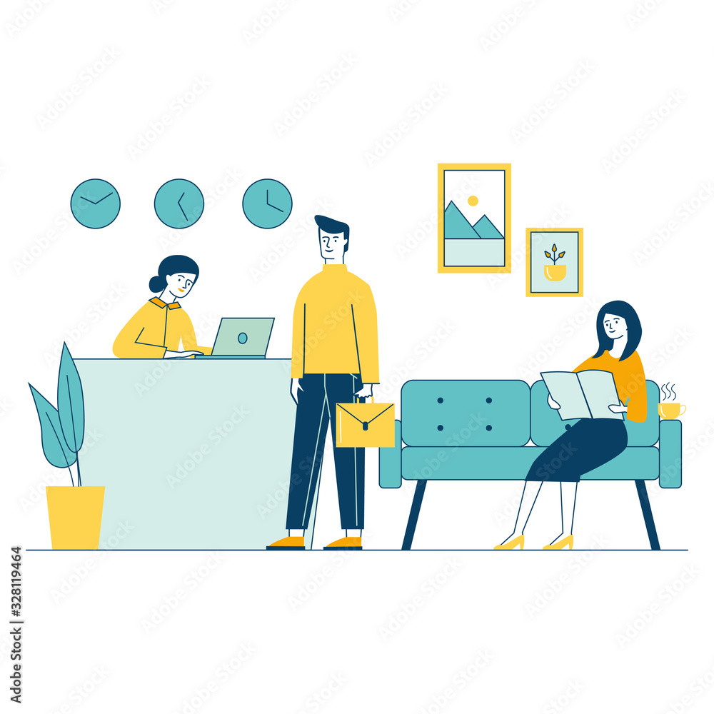 Wall mural office reception service providing for client by concierge flat vector illustration. woman waiting f