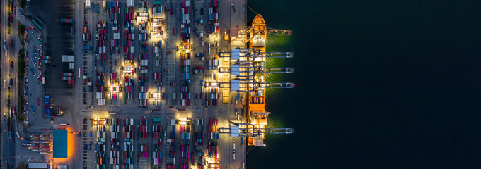 Container ship loading and unloading in deep sea port, Aerial view of business logistic import and...
