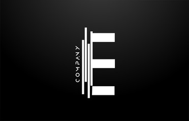 E black white letter alphabet logo design with lines icon for business and company