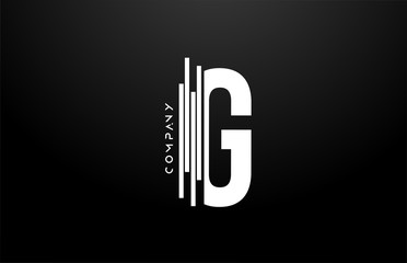 G black white letter alphabet logo design with lines icon for business and company