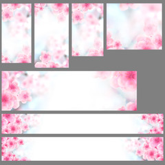 Set of vertical and horizontal Japanese Spring Sakura cherry blossoms website banner backgrounds. 3D Illustration Clip-Art with Floral spring petal design header. copy space in pink, white and blue
