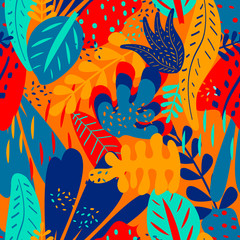 Vivid seamless background with tropical leaves and plants, vector