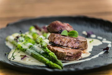 The food in the restaurant. Food styling and restaurant meal serving. Gourmet restaurant menu...