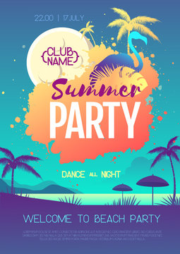Colorful summer disco party poster with fluorescent tropic leaves and flamingo. Summertime beach background