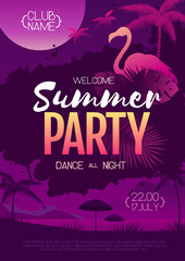 Colorful summer disco party poster with fluorescent tropic leaves and flamingo. Summertime beach background