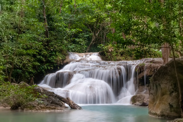 Fototapeta na wymiar The beautiful waterfalls of Erawan National Park, Kanchanaburi province, Thailand
