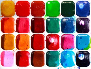 Top view of old dirty big set of colorful watercolor paints