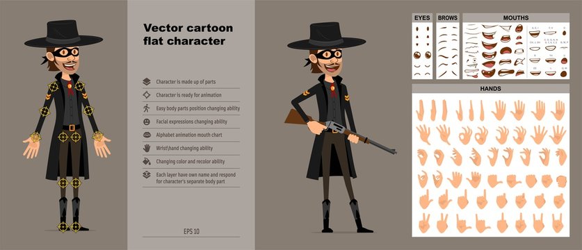 Cartoon funny bandit hero in black mask and hat from wild west. Ready for animations. Face expressions, eyes, brows, mouth and hands easy to edit. Isolated on gray background. Big vector icon set.