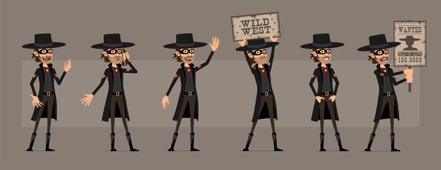 Cartoon cute funny bandit hero in black mask and hat from wild west. Thief with retro phone and wanted sign. Ready for animations. Isolated on gray background. Big vector icon set.