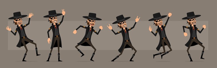 Cartoon cute funny bandit hero in black mask and hat from wild west. Rock and roll thief jumping and dancing. Ready for animations. Isolated on gray background. Big vector icon set.
