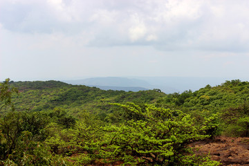 dense green forest at Connaught Peak or mount olympia in Mahabaleshwar Maharashtra sahyadri ranges seen in multiple layers on a sunny day indeed a popular tourist spot