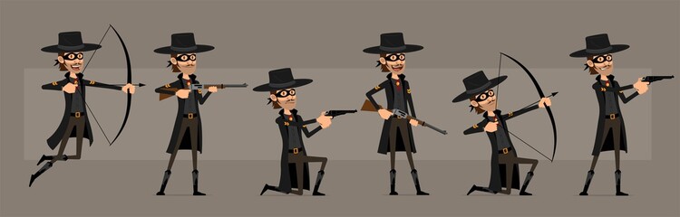 Cartoon cute funny bandit hero in black mask and hat from wild west. Smiling thief shooting with weapons, pistol, rifle and bow. Ready for animations. Isolated on gray background. Big vector icon set.