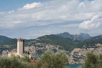 Fototapeta na wymiar Panorama on Lake Garda, view of the small town of Malcesine, August 2019