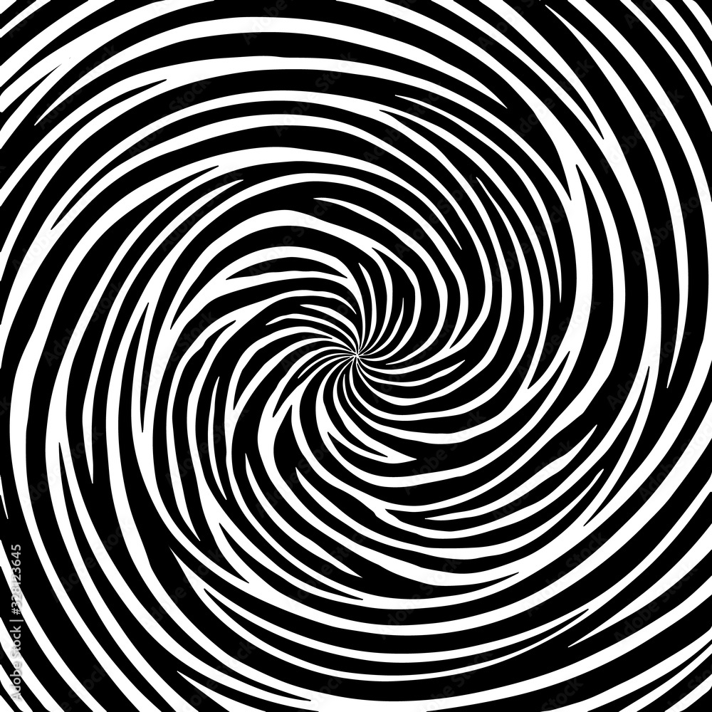 Poster black and white striped background. optical illusion of rotation. op art. texture lines with distort