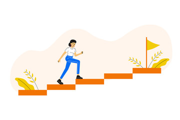 Business concept. Young woman running and climbing up to her goal on the column of columns. Moving up motivation. Career growth metaphor.  The path to the target's achievement. Vector illustration.