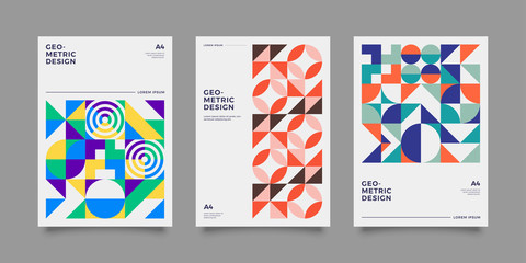 Placard templates set with Geometric shapes, Retro bauhaus swiss style flat and line design elements. Retro art for covers, banners, flyers and posters. Eps 10 vector illustrations