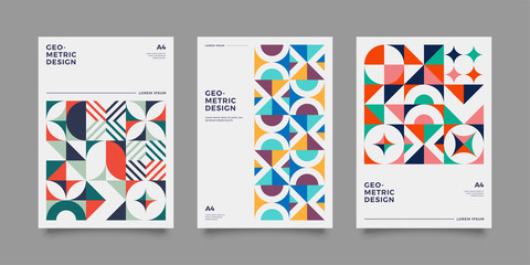 Obraz premium Placard templates set with Geometric shapes, Retro bauhaus swiss style flat and line design elements. Retro art for covers, banners, flyers and posters. Eps 10 vector illustrations