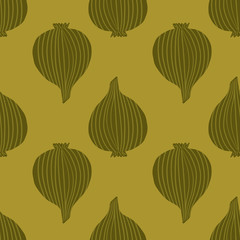 Doodle onion seamless pattern on green background. Organic texture.