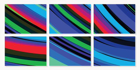 Abstract blue, green and red curvy beam background template set. Vector Illustration.