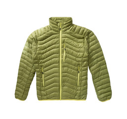 Top view of down jacket with zipper and pockets isolated on white