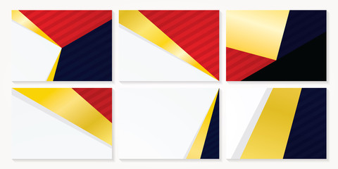 Abstract blue, gold and red polygonal with stripes background template set. Vector illustration.