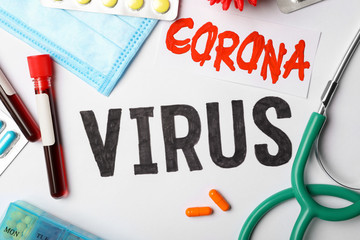 Flat lay composition with phrase CORONA VIRUS and medicines on white background