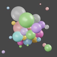 3d render top view of colorful pastel balls with grey background.