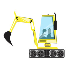 A excavator or tractor with a bucket on the tracks isolated on a white background for design, flat vector stock illustration with a heavy machine as a concept of work in a career or construction site